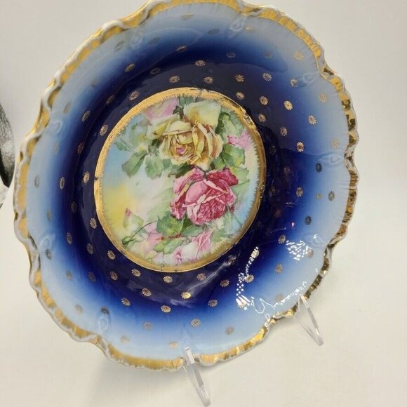 Vintage Victoria Austria Porcelain Bowl Navy Blue Gold Trim Roses Victorian - Picture 3 of 8